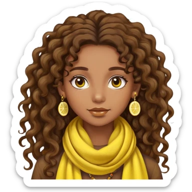 bohemian style girl, brown skin, long brown curly hair tied high, lemon yellow scarf, round earrings sticker
