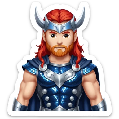 Thor, God of Thunder from Gods and Goddesses with long red hair, dark blue and silver sequin outfit sticker