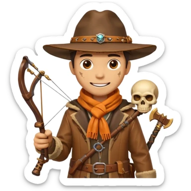 male human monster hunter emoji, wearing brown leather coat and wide hat, holding crossbow, with amulet shaped like skull, Halloween fantasy theme, confident smile, orange scarf, Apple emoji style, clean white background, square image sticker