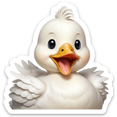 Cinematic Cute Yawning White Duck Portrait Emoji, Head tilted slightly with a dramatic, wide-open yawn, showcasing a soft, downy white plumage with gently drooping wings, round eyes barely open in drowsy contentment, Simplified yet irresistibly adorable features, highly detailed, glowing with a soft, cozy glow, high shine, relaxed yet expressive, stylized with a touch of whimsy, bright and endearing, soft glowing outline, capturing the essence of a sleepy yet affectionate duck, so drowsy it feels like it could float out of the screen and curl up for a nap! sticker