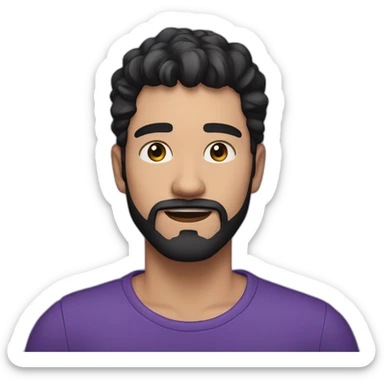 a 21 years old man white skin with low black hair and low black beard with purple shirt amazed sticker