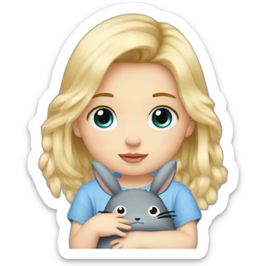 bébé fille blonde décoiffée aux yeux bleus avec une peluche Totoro  sticker