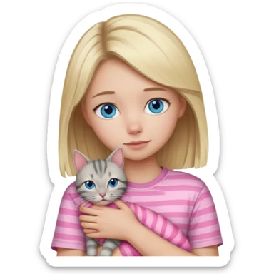 Blonde girl with blue eyes in pink shirt cuddling with grey tabby cat with dark grey stripes sticker