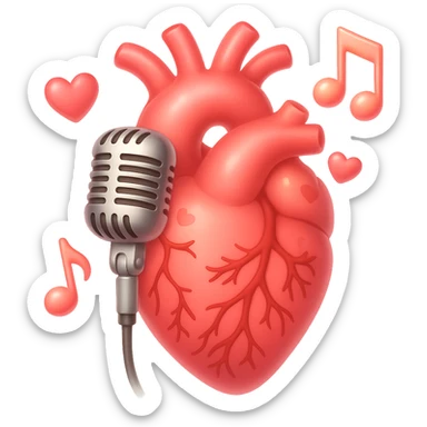 Make the anatomical heart with old-school microphone and music notes even more romantic in emoji style. Add subtle hearts, soft highlights, and a gentle glow. No background. sticker