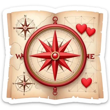 Folded cartography map with compass rose and scale, featuring red hearts as relationship markers and different symbols representing other meaningful life experiences, soft ethereal coloring sticker