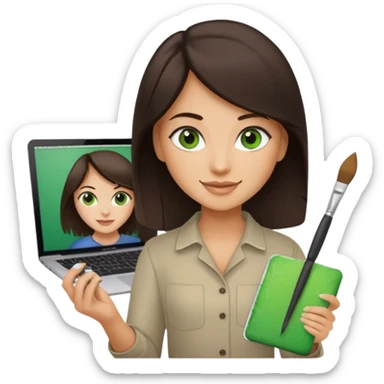 happy Graphic designer whit a MacBook, him eyes green color and dark brown hair, he is paint artist sticker