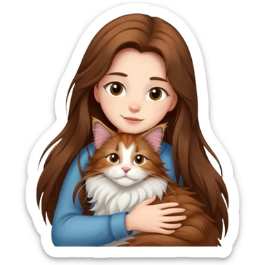 A girl with long  hair tightly hugged a Maine coon sticker