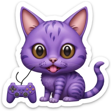 purple cat with huge eyes smelly lines and their massive brown tongue out also a playstation next to it and an ostrich on its back realistic sticker