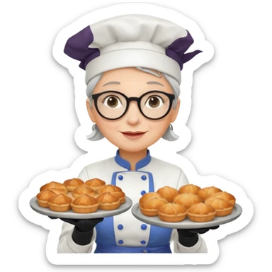 Older female pastry chef – round glasses, oven mitts on, holding a tray of pastries.

 sticker