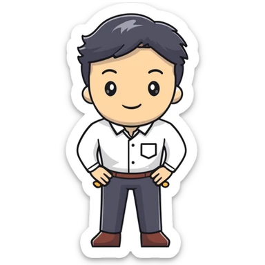 Management educator with black wavy hair, stubble, strong features, white skin, smart casual attire, facilitating an engaging leadership exercise with workshop participants, standing with confident posture sticker