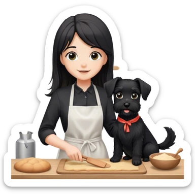 pale smiling girl baking with long back hair wearing black long shirt wearing apron holding black  schnauzer sticker