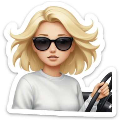 A cinematic realistic blonde in sunglasses, wearing a white sweatshirt, is driving a black car, her hair is slightly blowing in the wind. sticker