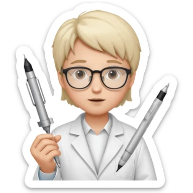 Portrait of a young scientist wearing a white lab coat, glasses, curious expression sticker