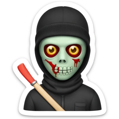 Zombie Emoji AppleIOS Style, Black Hair, SkiMask on Sideways Head, and Black shirt sticker