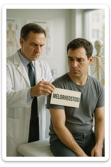A realistic, cinematic illustration set in a bright, modern medical office. A middle-aged doctor in a white lab coat with a serious expression is shown gently placing a large paper label on the shoulder of a male patient sitting on the examination table. The label has the word 'Meloreostosi' written on it, symbolizing the act of labeling the patient with his rare bone condition. The patient looks confused and slightly disheartened, wearing a simple t-shirt with part of his arm exposed, showing subtle signs of bone thickening or deformation associated with melorheostosis. The background includes medical charts and a softly blurred skeleton model, emphasizing the medical setting. The lighting is bright but neutral, conveying a sterile, clinical atmosphere while focusing on the symbolic moment of receiving a diagnosis label. The mood is introspective and slightly heavy, illustrating the emotional weight of being defined by a rare chronic condition in italiano sticker