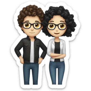 a white girl with long brown hair hugging a white boy with black hair and curler using glasses on sticker