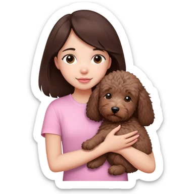 One girl with medium long dark brown hair dressing baby pink T-shirt, hugging One little brown coated labradoodle. sticker