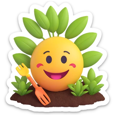 3D smiley emoji, round shape, grandmother gardening, green color, smiling face sticker