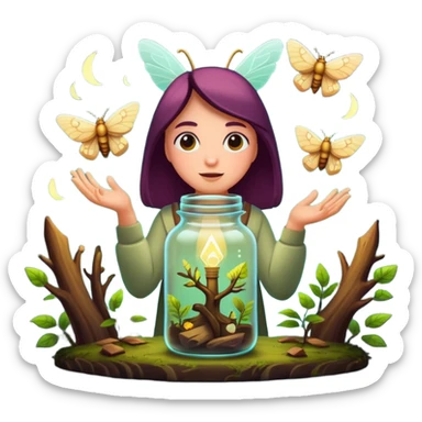 forest mystic character catching glowing idea moth in jar sticker