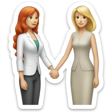 Middleaged female CEO with Long red hair and bangs holding hands with middleaged blond woman with short hair sticker