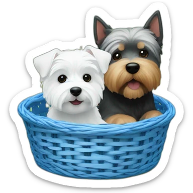West Highland white terrier and fat dark blue dog in way too small dog basket sticker