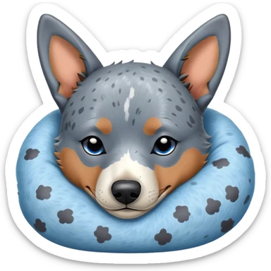 Meme-Worthy Cute Sleeping Blue Speckle Australian Cattle Dog Portrait Emoji, Head resting peacefully with a contented smile, showcasing a robust build and a luxuriously soft blue speckle Fur, eyes shut in a serene nap, Simplified yet hilariously adorable features, highly detailed, glowing with a soft, drowsy light, high shine, relaxed and utterly lovable, stylized with an air of playful laziness, bright and heartwarming, soft glowing outline, capturing the essence of a comically sleepy herder, so meme-worthy it feels like it could instantly become the next viral sensation of adorable slumber! sticker