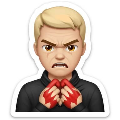 a bust of a person with both their hands around their neck with a angry face sticker