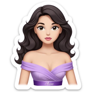 A woman with almond-toned skin, dark voluminous hair in waves, expressive eyes with soft lashes and shimmer, full lips with a glossy nude-pink color, wearing a lavender top and a white sash with “Miss San Juan” in black letters, exuding elegance and confidence sticker