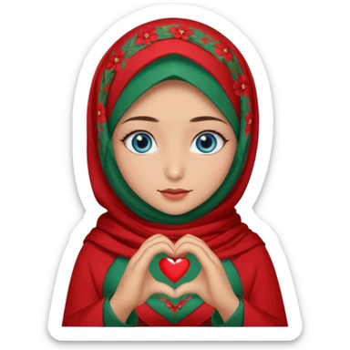 Turkish beautiful finish Konya girl blue eyes with red floral hijab and green red dress and she make heart with hands sticker