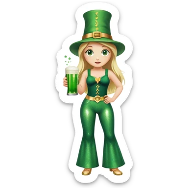 Blonde haired girl in glittery green bell bottoms and tall leprechaun hat holding a green beer sticker