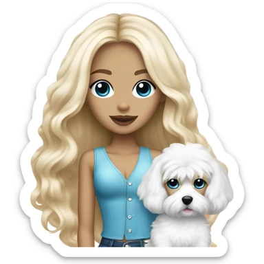 White Cute long haired Blonde and blue-eyed girl fashion nightclub outfit and holding white cavachon dog sticker