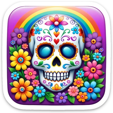 Beveled square shaped psychedelic colored button with day of the dead sugar skull and rainbow colored flowers in the center sticker