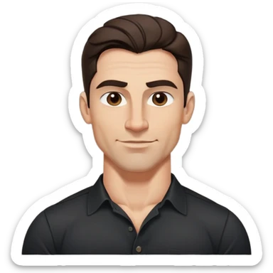 Strong athletic man with buff build, youthful 40s appearance, light brown complexion, elongated face, defined jawline, attractive confident smirk, intense dark eyes, medium eyebrows, straight nose, medium wavy dark hair, wearing a black button-down shirt that shows his muscular build sticker