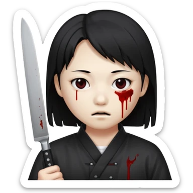 Korean murderer white skin with Asian eyes and holding kitchen knife with black straight hair with also one eye is blind covered with blood sticker