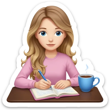 pretty female with long wavy brown hair with blonde highlights and blue eyes writing in a relaxed position in a pink journal with a cup of tea sticker