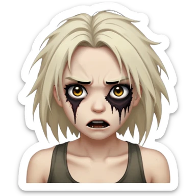 Cabelo:Longos e escuros, bagunçados como se estivesse saindo de um apocalipse. Olhos:Maquiagem escura ao redor, dando um olhar profundo e hipnotizante. Boca:Lábios escuros entreabertos, como se estivesse prestes a soltar um grunhido assustador. Pele:Um tom mais pálido, talvez com algumas rachaduras ou manchas para o toque zumbi. Roupa:Uma regata branca rasgada ou suja, para aquele ar de “acordei assim depois do apocalipse”. sticker