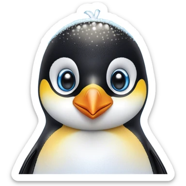 Cinematic Cute Emperor Penguin Portrait Emoji, Head tilted playfully and inquisitively, with glossy, pristine plumage accented by a bright beak and round, sparkling eyes filled with curiosity, Simplified yet irresistibly adorable features, highly detailed, glowing with a warm, friendly icy glow, high shine, affectionate and lively, stylized with a touch of whimsical charm, bright and endearing, soft glowing outline, capturing the essence of a mischievous yet loving penguin that feels like it could slide out of the screen into your arms! sticker