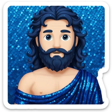 Neptune, God of Sea from Roman Deities with long jet black wavy hair and beard, dark blue sequin toga sticker