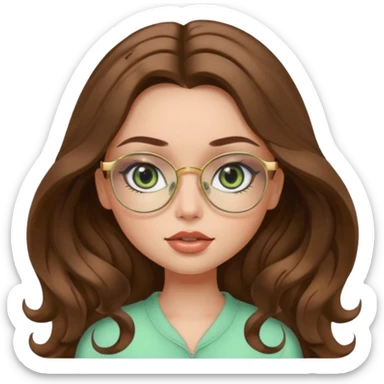 pretty bratz girl, long wavy brown hair, pale green eyes, black eyeliner, gold glasses sticker