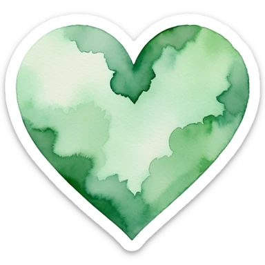 minimalist watercolor heart icon, monochromatic green washes, soft bleeding edges, on textured white paper, serene and emotional, perfect for app icon, transparent background, flat lay --style raw --stylize 150 sticker