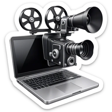 Create an emoji representing screenwriting. The design should feature an open script with visible dialogue and action lines, symbolizing the writing of a screenplay. Add a movie camera next to the script to emphasize the cinematic aspect of screenwriting. Include a classic typewriter or a modern writing device, such as a laptop, to signify the process of creating a script. Use a professional color palette with black, white, and subtle metallic tones. Do not include any emojis or smiley faces. Make the background transparent. sticker