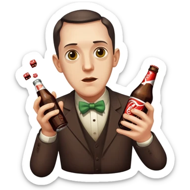 writer Lovecraft holding a bottle of cola and throwing dice, emoji style, surprised face sticker