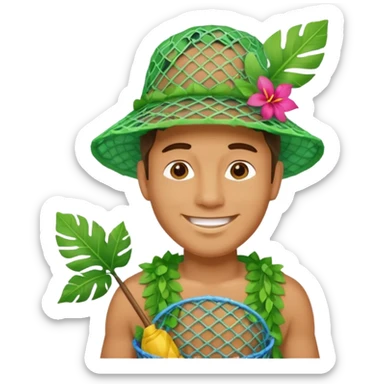 Hawaiian man with leaf hat and big trash net and colorful cloth sticker