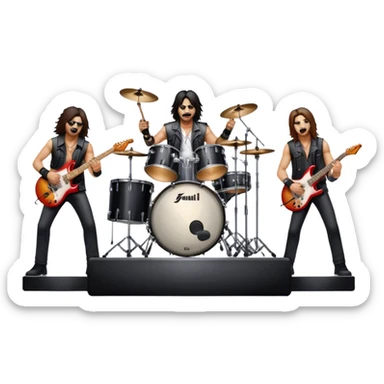 Icon for Heavy Metal Music: 4 men band on stage with electric guitars, drums and intense lighting. 3 guitarists and 1 drummer, surrounded by energy and stage effects, capturing the power and intensity of a metal concert. Transparent background. sticker