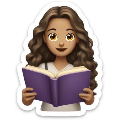 White skin girl with long wavy brunette hair reading a book sticker