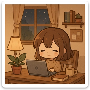 Add a laptop on the desk in front of the chibi girl, keeping the cozy desk scene atmosphere. sticker