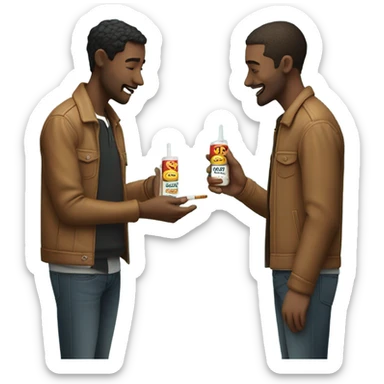 Two men sharing a nicotine pouch sticker