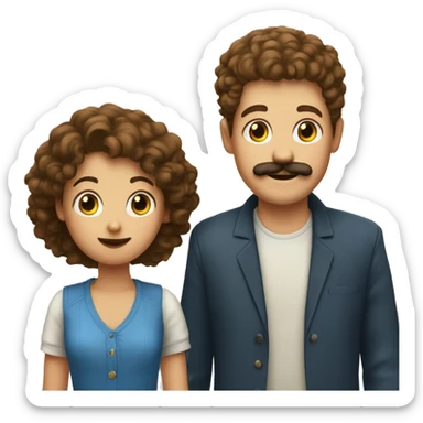 a girl and boy talking to a tall white guy with a mustache and brown curlly hair sticker