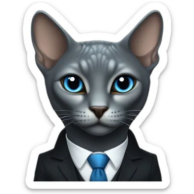 reptilian sphinx dark grey cat with blue eyes wearing black suit, portrait sticker