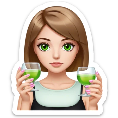 green eyes light brown hair white girl with short bob no bangs with a shot of tequila wearing black light pink nails sticker